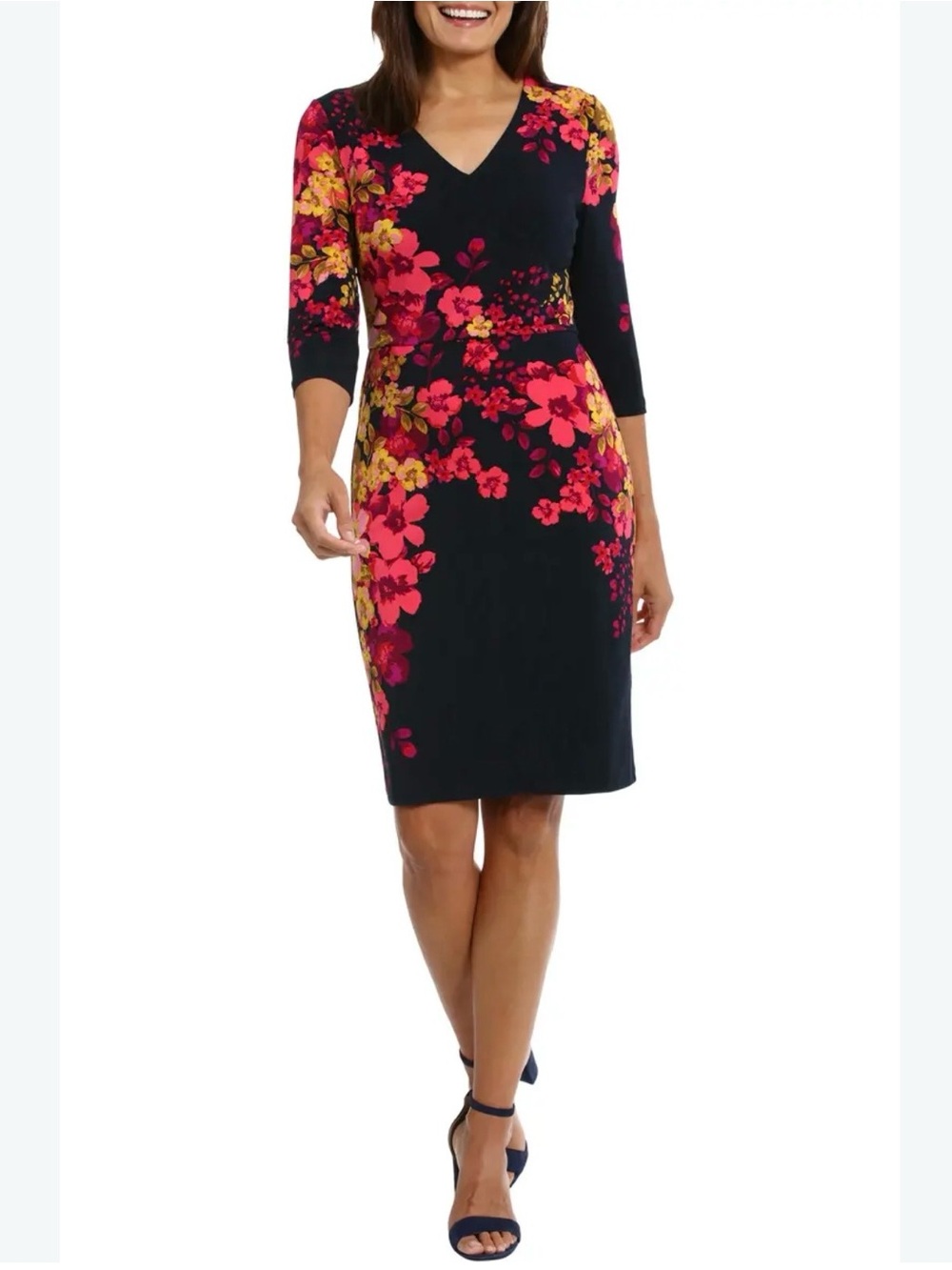 Maggy London Navy V-Neck Midi Dress with Pink & Yellow Floral Print